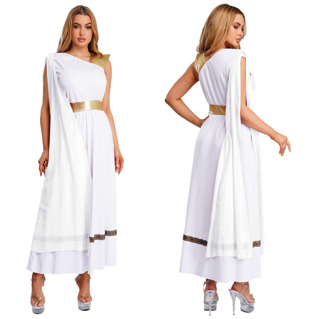 Womens Ancient Greek Costume Sleeveless High Waist Tunic Dress Golden Roman Empress Toga Halloween Party Dress