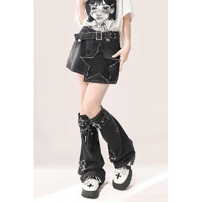 Used [New] [YEMOCILE] Harajuku Punk Leg Warmers Women's Distressed Belt Loose Socks Star Pattern Denim Leg Cover Y2K Landmine Gothic Ribbon Cute