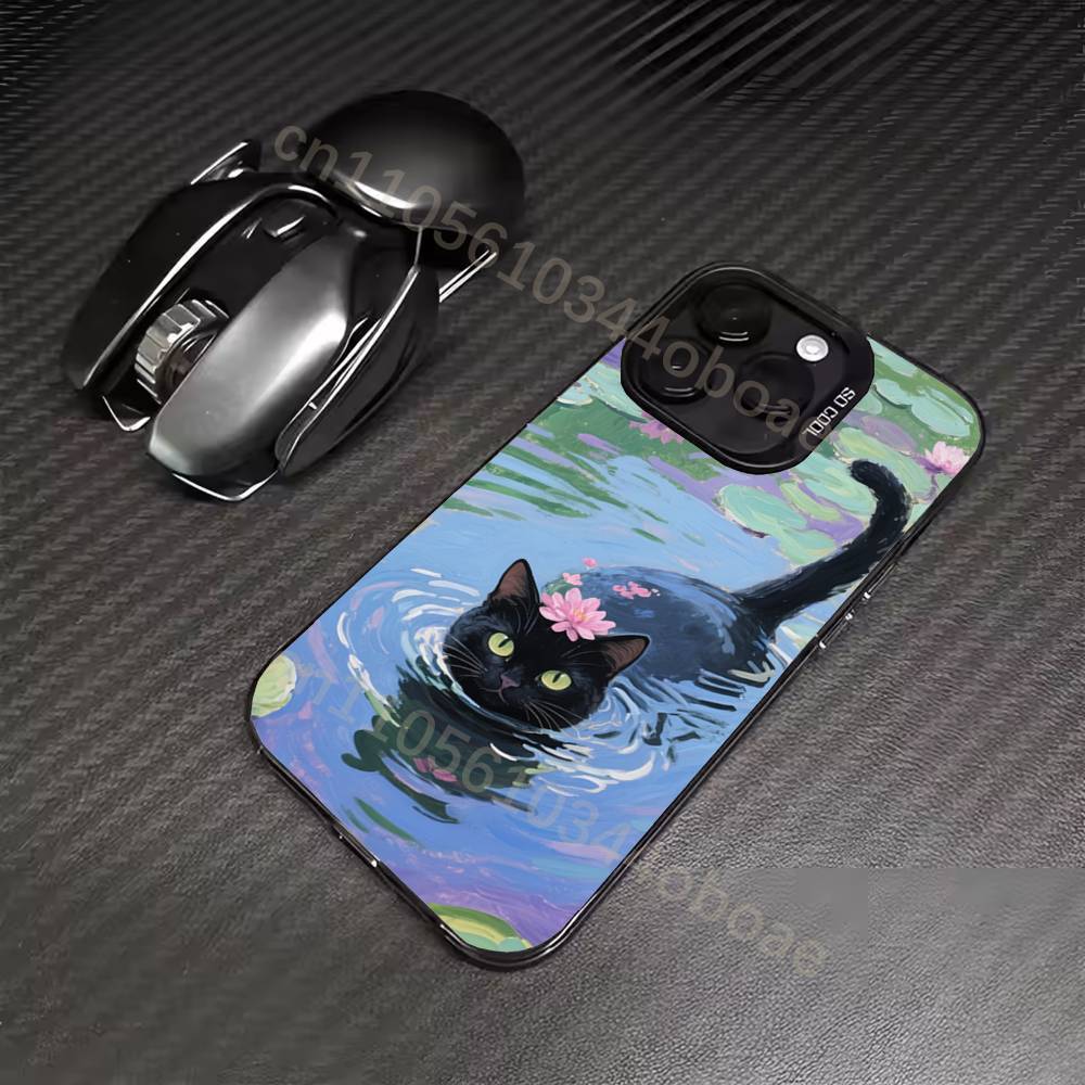 Retro Oil Painting Black Cat Phone Case For iPhone 17,16,15,14,13,12,11,Pro,Max,Plus Soft Black Cover