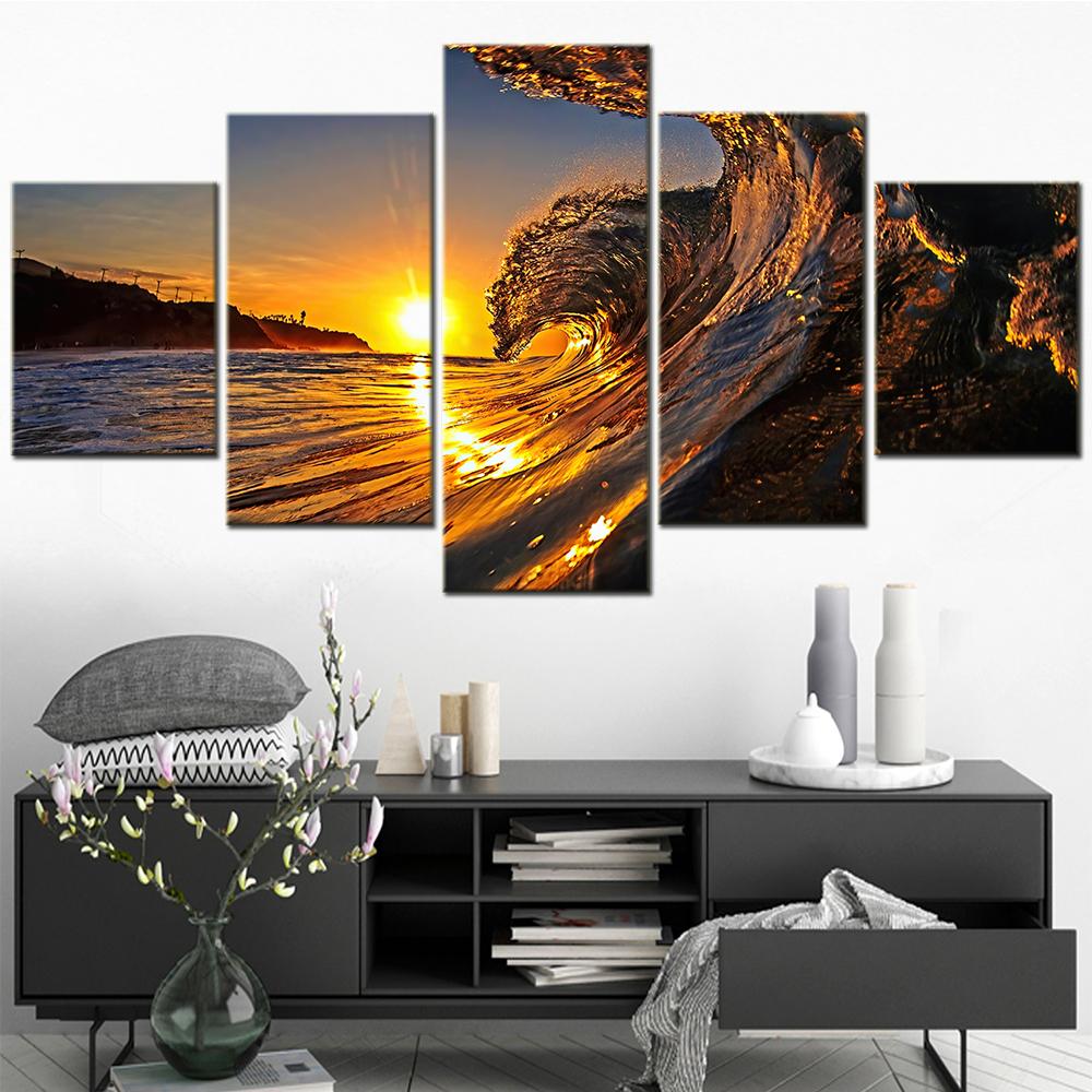 

5 Pieces Wall Art Canvas Painting Ocean Waves Sunset Seascape Poster Modern Home Decoration Living Room Pictures 20X35 20X45 20X55CM
