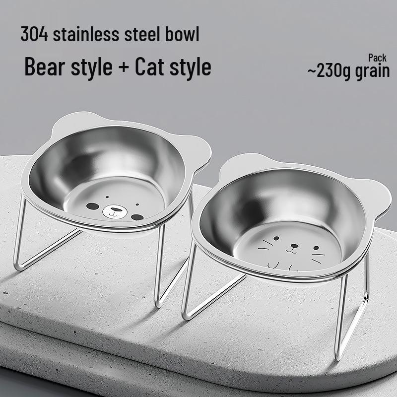 Stainless Steel Pet Bowl with Elevated Rack for Cats & Dogs - Anti-Neck Strain Design