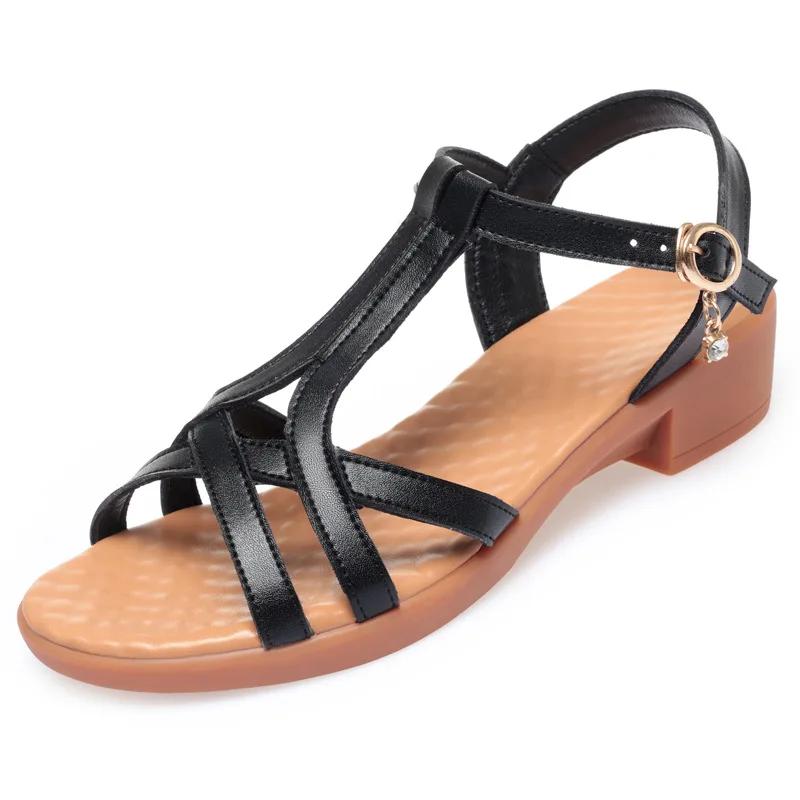 

Women s Sandals Plus Size 42 43 2025 Summer New Soft Sole Ladies Roman Sandals Cutout Low-heeled Mom Shoes Comfortable 35 бежевий