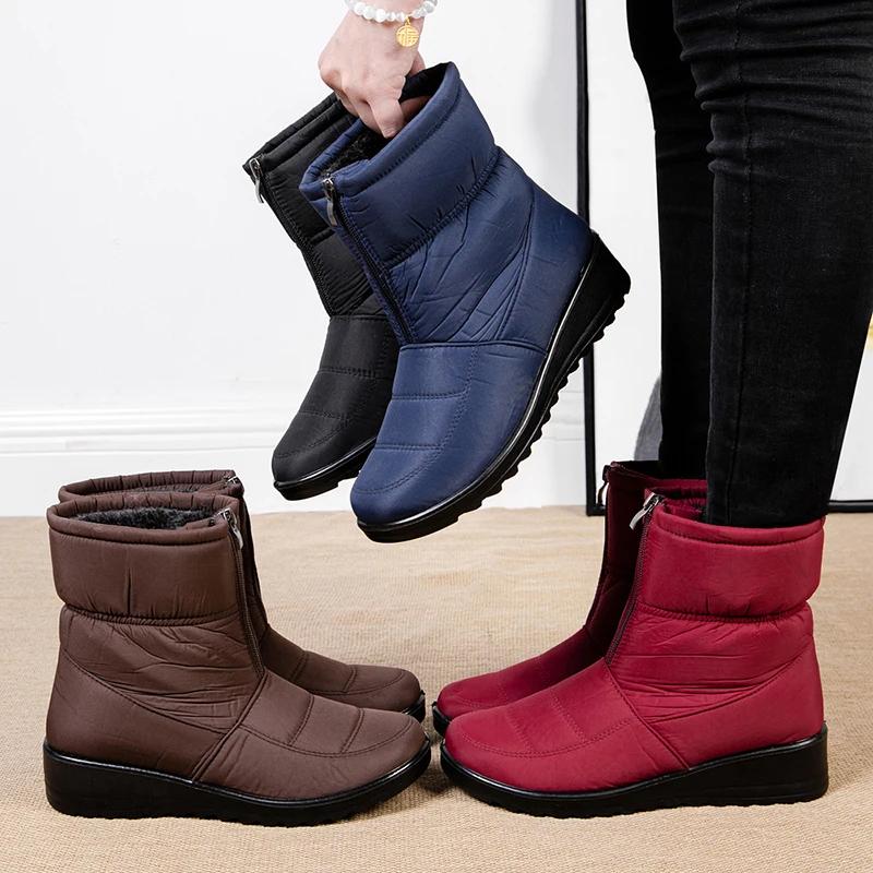 Waterproof Snow Boots for Women Winter Warm Plush Ankle Booties Front Zipper Non Slip Cotton Padded Shoes Woman Size