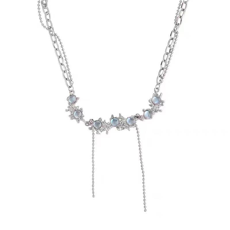 

New tassel necklace temperament moonstone cross necklace women s light luxury niche Spice Girl collarbone chain net