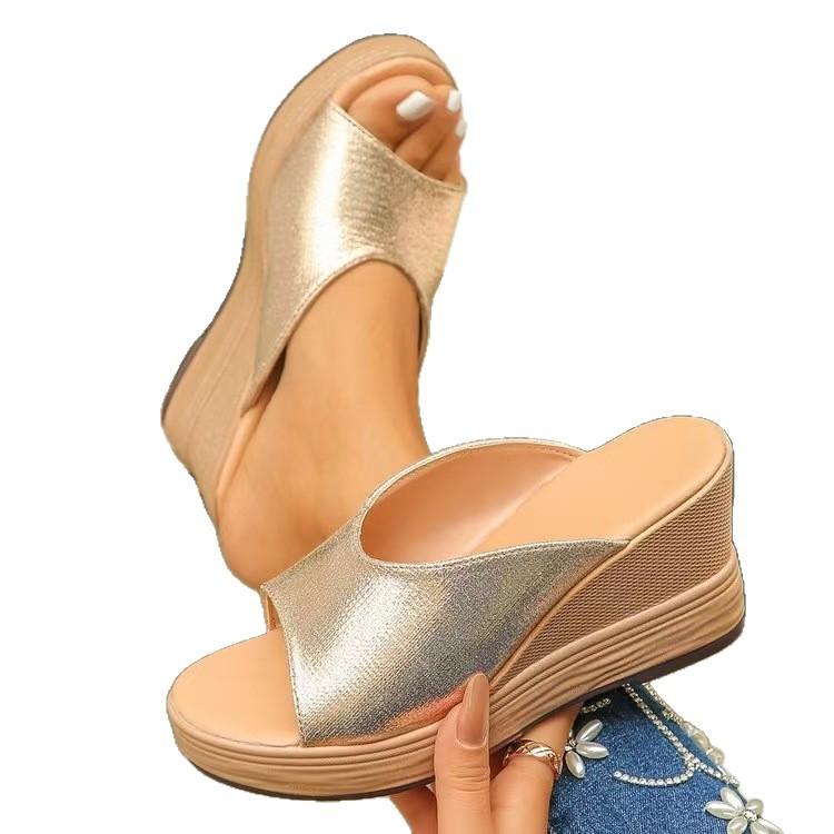 Außenhandel 2025 Koreanische Version Sommer Dicke Sohle Keilabsatz Fischmaul Große Größe Bequeme Ein-Wort-Sandalen Strand Freizeit