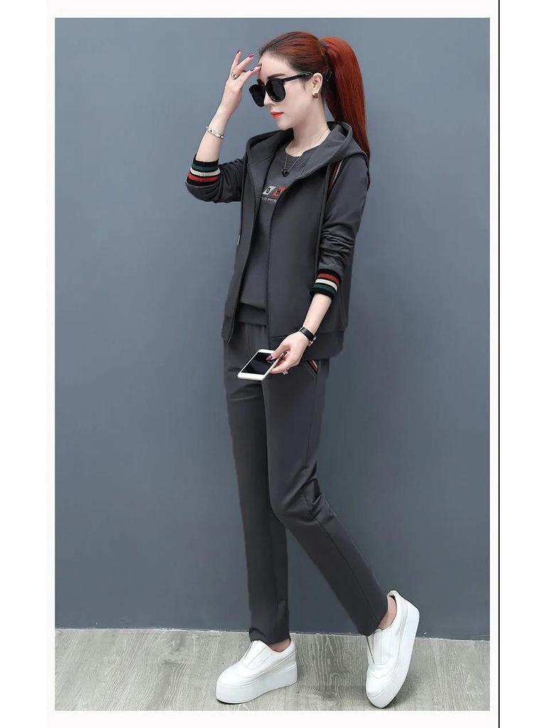 Set Sportiv de Damă din 3 Piese Stil Coreean Mărimi Mari Hanorac & Vestă (Toamna 2022)