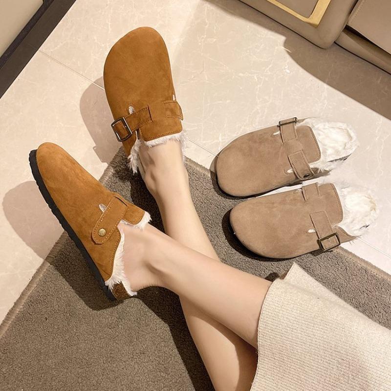 thick-soled plush shoes women's bag head half slippers wear new autumn and winter fashion retro thermal cotton slippers