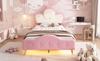 Upholstered Bed, Children's Bed, with Soft Protective Edges, Monochrome LED Strip, Headboard with Crown, Single Bed, PU, Pink+White, 90x200CM