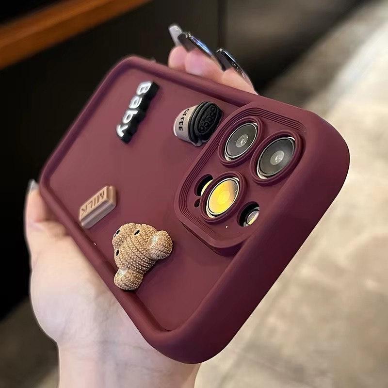 Cute 3D Bear Drinking Coffee Phone Case for iPhone 16 15 14 Pro Max, Soft Matte Silicone Cover Shockproof for iPhone 13 12 11 Pro Plus X XR XS