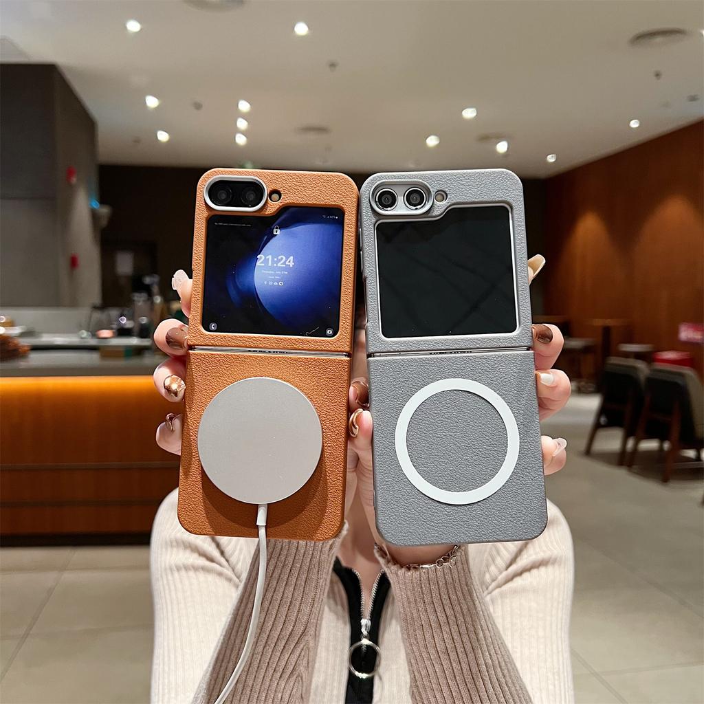 For Samsung Galaxy Z Flip6 5G Phone Cases Leather Texture TPU Back Cover Support Wireless Charging