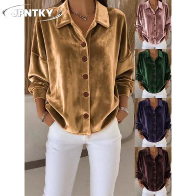 JPNTKY Women's Fashion Casual Solid Color Print Long Sleeve POLO Neck Blouses & Shirts Unique Design