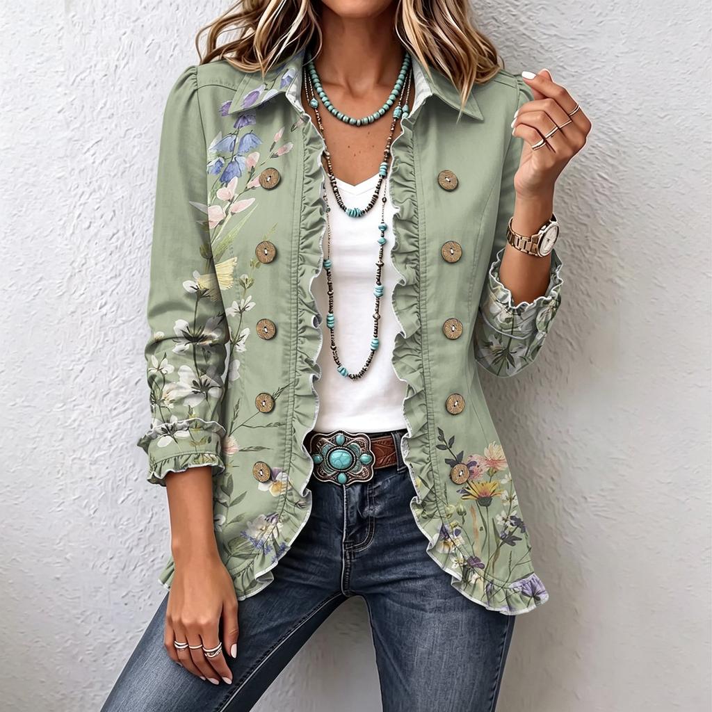 Women's Floral Print Cardigan, Long Sleeve Ruffle Open Front Top, Casual Outerwear for Spring and Fall