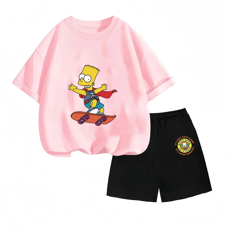 Moda Estiva di Grande Successo Abbigliamento per Bambini Set a Maniche Corte con Stampa Cartone Animato Bart Simpson