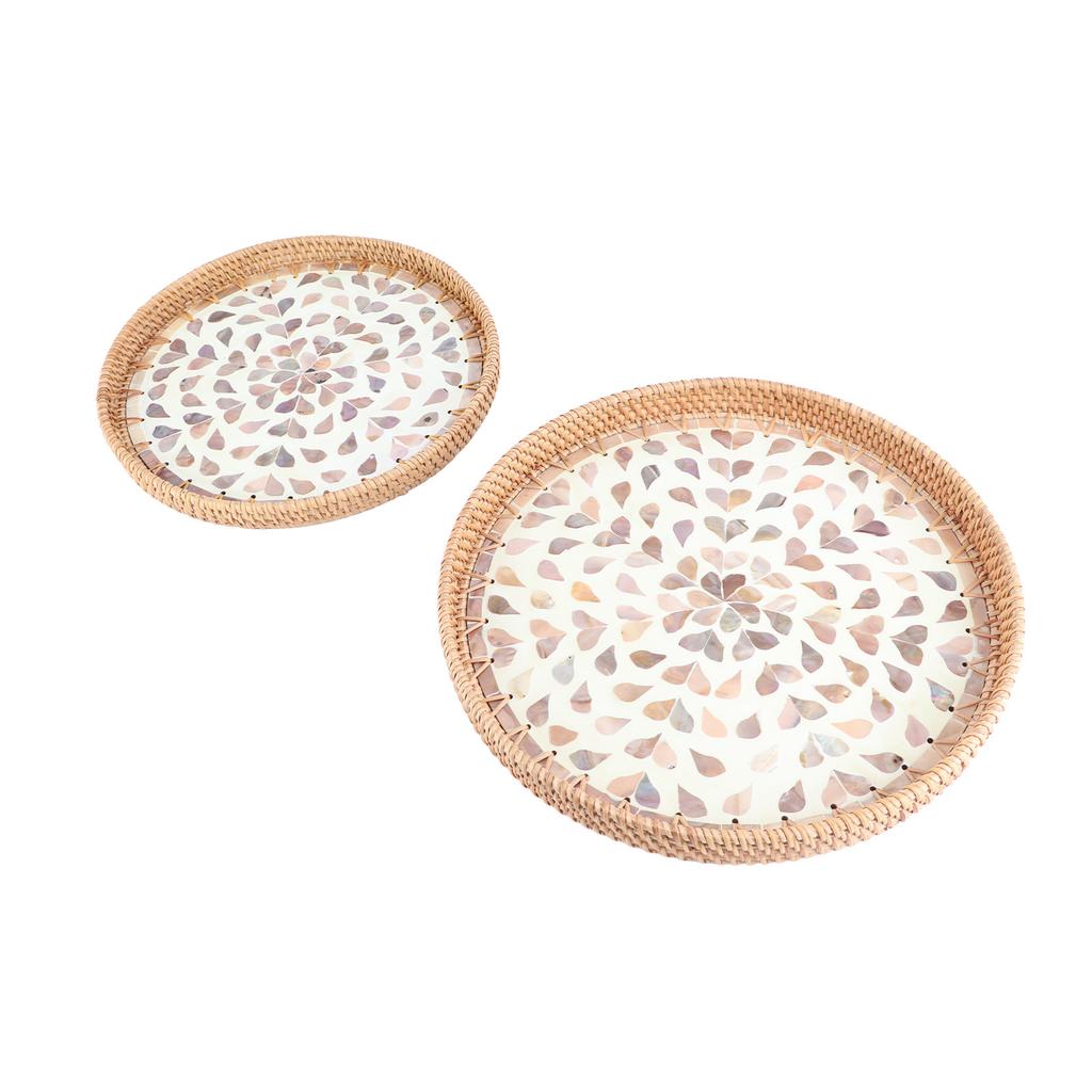 2pcs Handmade Rattan Tray Colorful Shell Fruit Plate Household Coffee Table Storage Tray Bread Snack Plate for Living