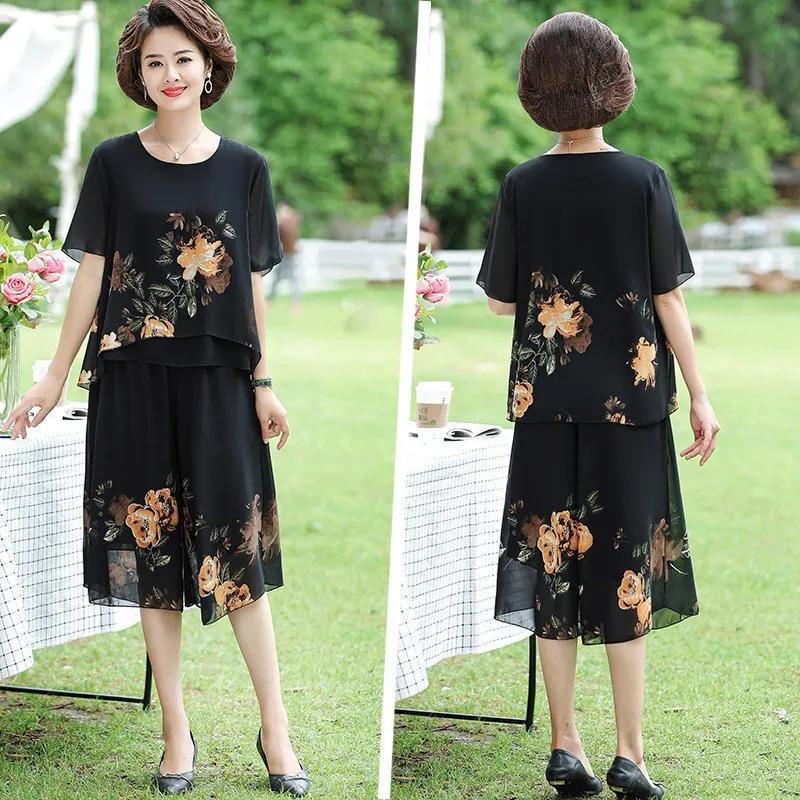 Women's Summer Casual Plus Size Set, Middle-aged and Elderly, Short Sleeved Tied Small Shirt+loose Pants, Chiffon Two-piece Set