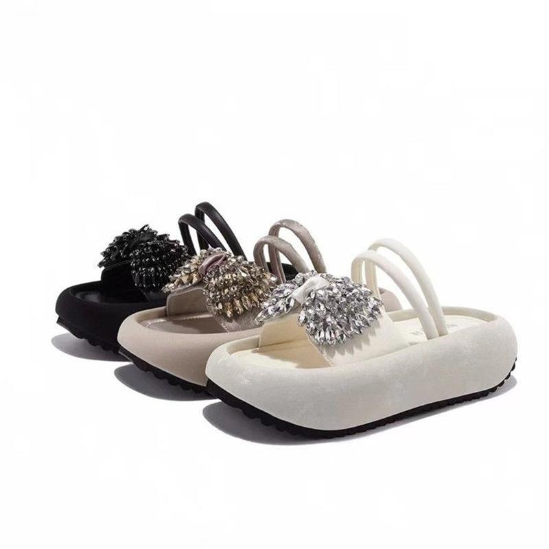 Popular Rhinestone Summer One-word Slippers Women's Outer Wear 2025 High-end Muffin Thick-bottomed Bow Cool Slippers Beach
