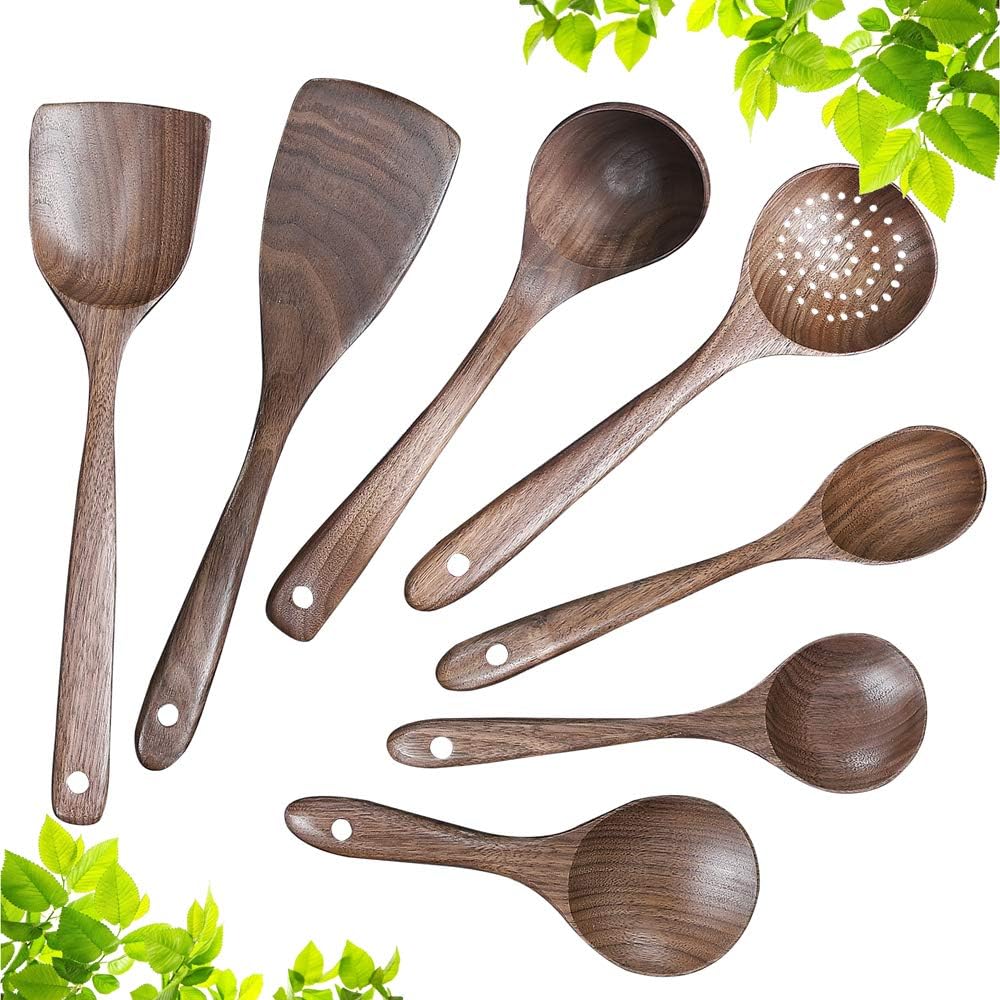 Wooden Kitchen Cooking Utensil Set,Wooden Soup Ladle,Walnut Wooden Spoons Spatula for Cooking 7pcs