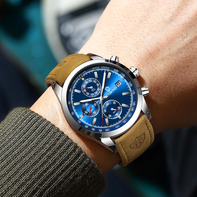 Luxury Brand New Fashion Men's Watches Real leather Strap Waterproof Sport Quartz Chronograph Military Watch Men Clock
