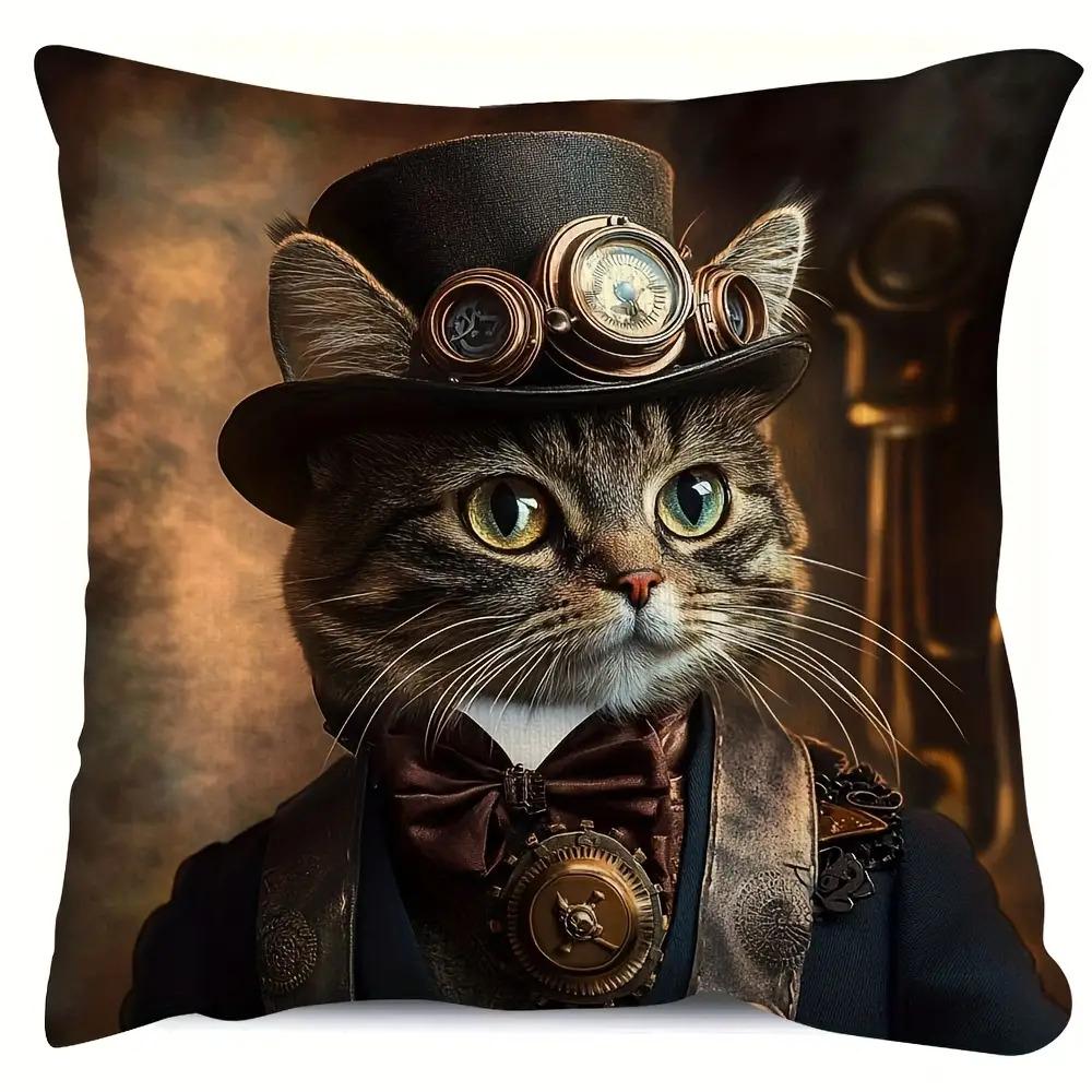 Panika Chen Unisex 2D Flat- Vintage Steampunk Cat Throw Pillow Cover Victorian Gentleman Cat Decorative Pillow Case For Home Sofa Bedroom