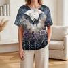 Women's Halloween V-Neck T-Shirt with Decorative Buttons and Three-Quarter Sleeves