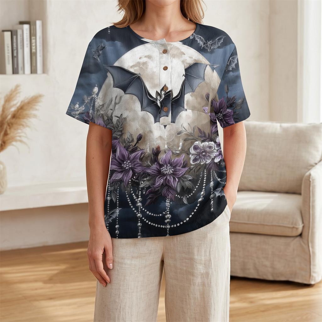 Women's Halloween V-Neck T-Shirt with Decorative Buttons and Three-Quarter Sleeves