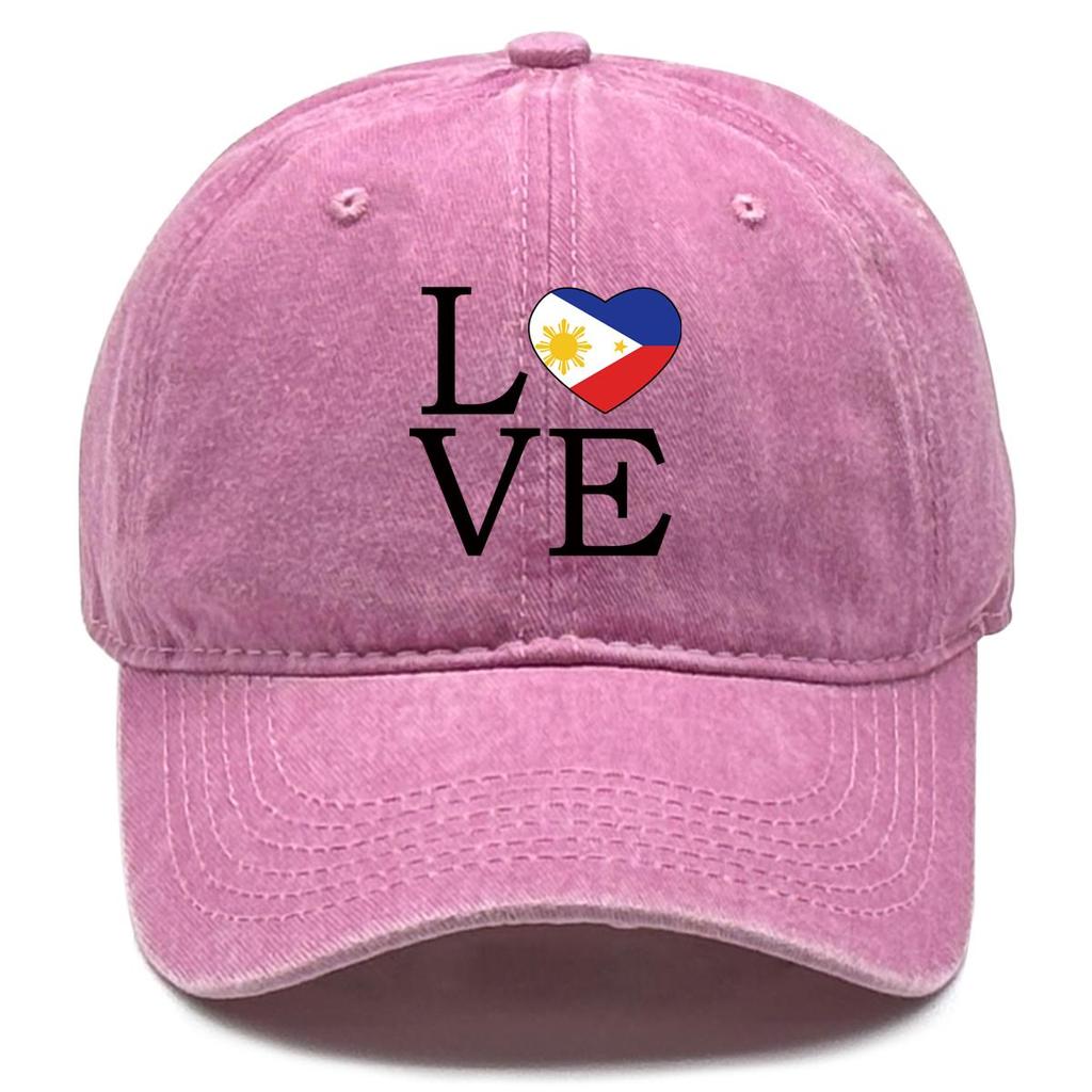 LOVE" Philippine Flag Print Adjustable Sun Hat, Patriotic Sports Hat Sporting Solid Lightweight Curved Brim Adjustable Baseball Hat