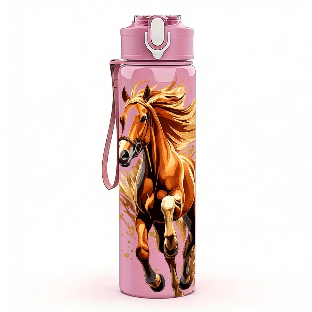 1PC Running Horse Watercolor Print 750ml Color Plastic Sports Water Bottle Leakproof Flip Straw Lid Suitable for Sports Office Home Use