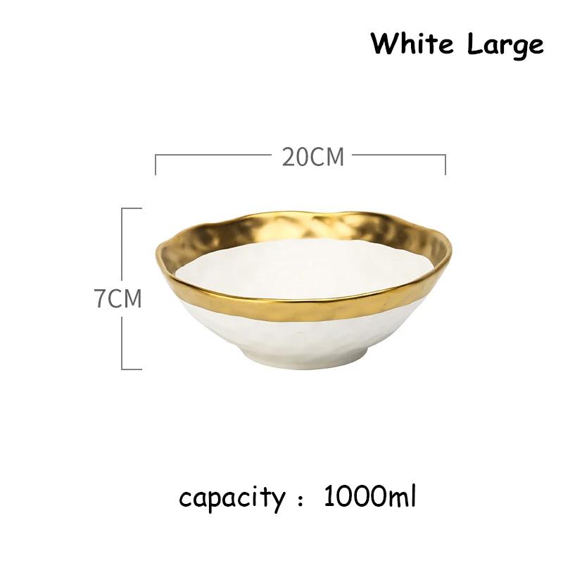 Ceramic White Steak Plate With Gold Edge Breakfast Tray Retro Bowl Dessert Pasta Dishes Western Food Container Ramen Bowl 1pcs