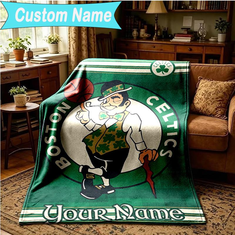 1PC Custom Name Blanket Boston-Celtics Logo Flannel Blankets Patterns Throw Blanket All-Season Soft Gift for Couch, Bed, Camping, Birthday Gifts