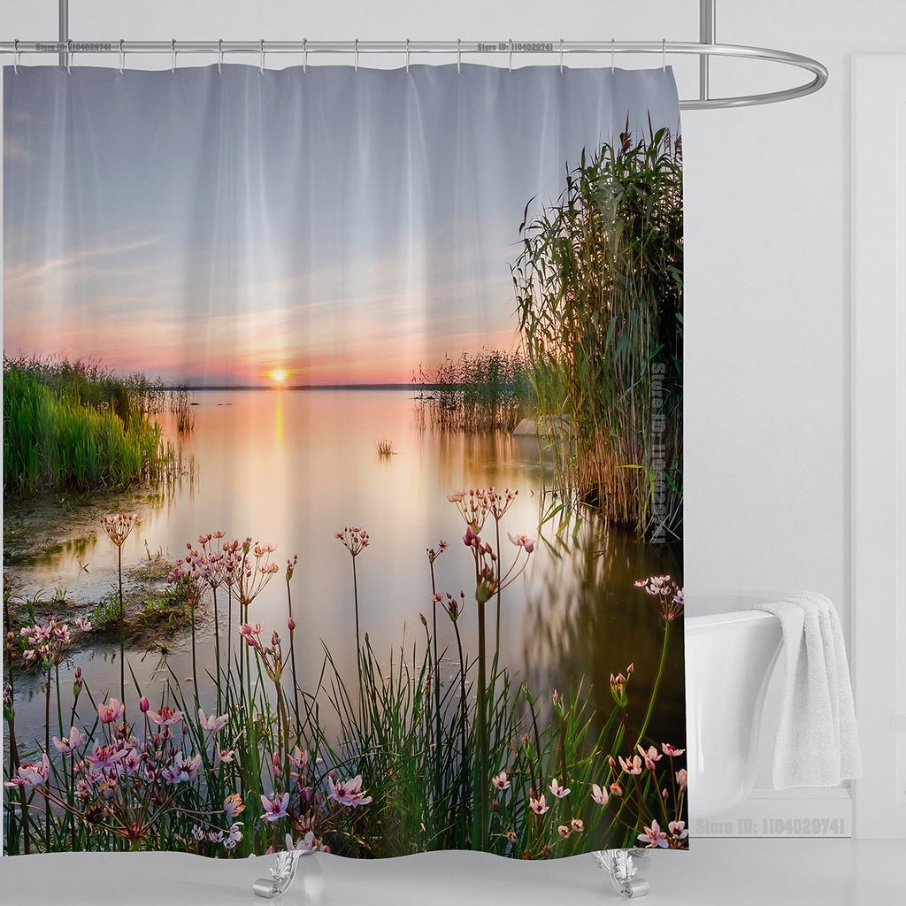 Modern 3D Printing Forest Refreshing Scenery Shower Curtain Waterproof Landscape Green Plant Mountain With Hooks Bathroom Decor