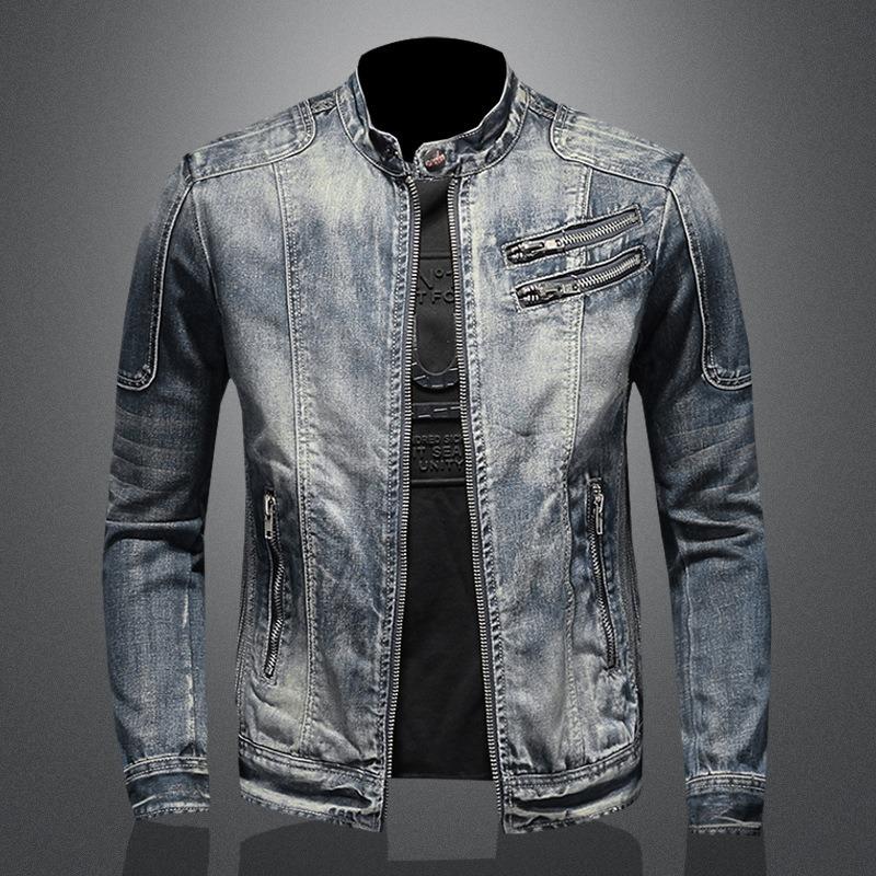 Military Denim Jacket Men Spring Autumn Motorcycle Slim Fit Cowboy Jackets Mens Vintage Wash Oblique Zipper Jean Coats Size 4XL