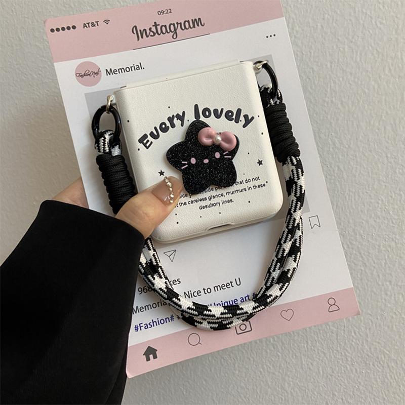Leather Phone Case for Samsung Z Flip7 Z Flip6 Z Flip5/Xiaomi Mix Flip /Oppo N3 Flip /Huawei P50 Pocket, with Cute 3D Star Decor &Lanyard