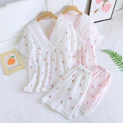 Summer New Women's Pajamas Short-sleeved Shorts Two-piece Set 100% Cotton Crepe V-neck Large Size Home Wear Set for Women