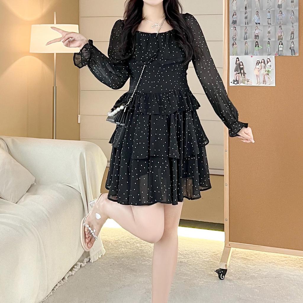 Tupfen Chiffon Zweiteiler: Langarmshirt & Kuchenrock für Übergrößen