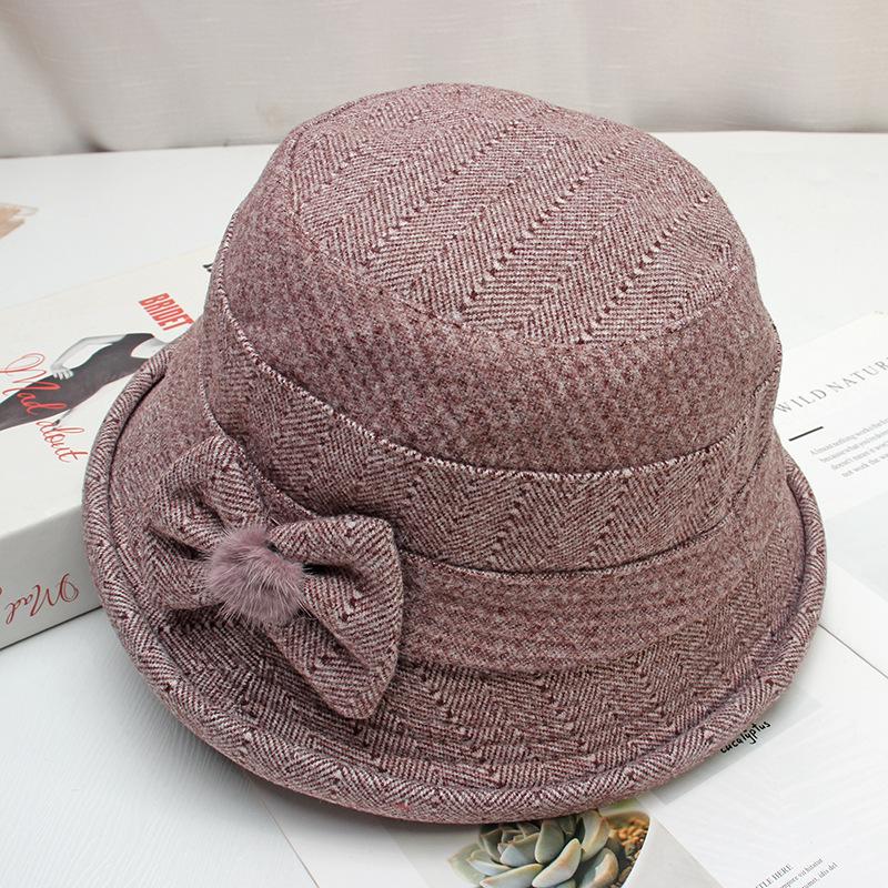 Middle-aged and Elderly Hat Lady Autumn and Winter Warm Woolen Bucket Hat Mother Grandma Old Lady Hat Bow Basin Hat