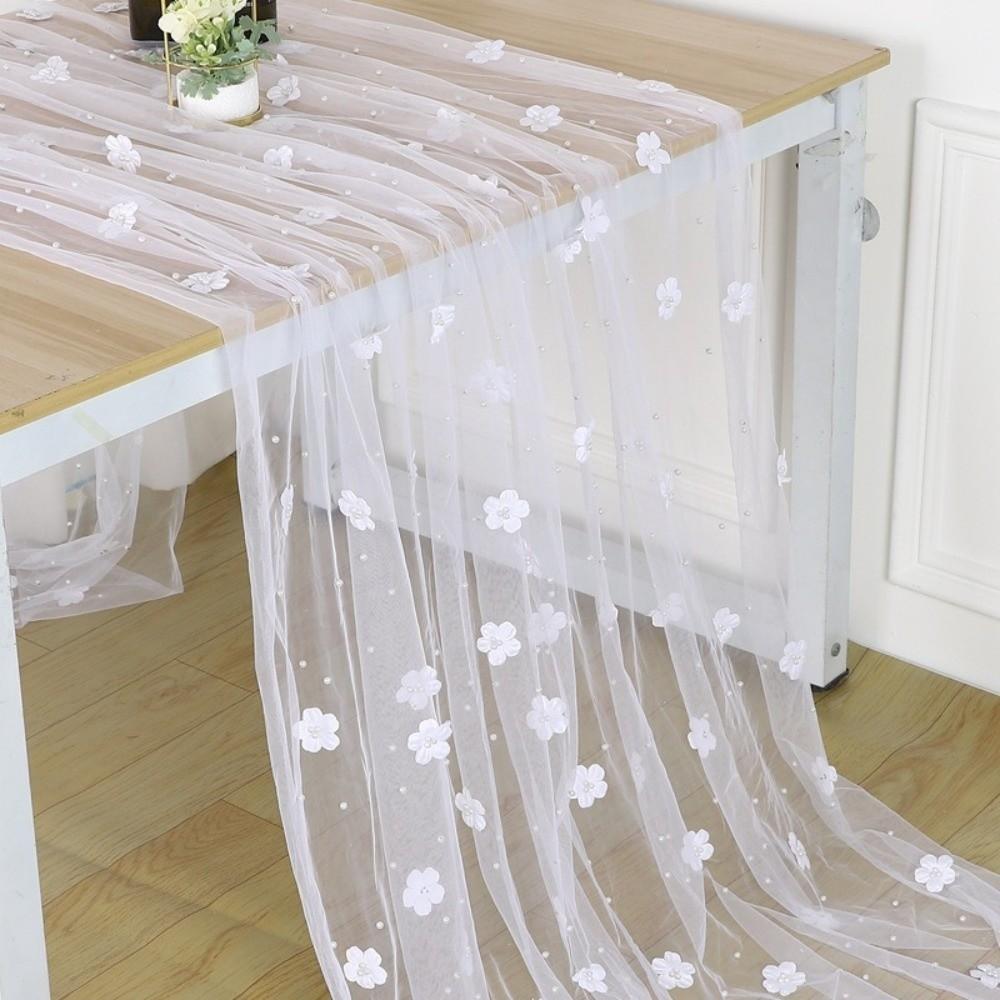 Elegant Flower Pearl Tablecloth Romantic Pearl Embellishments Tulle Fabric Tablecloth Decorative Semi-Transparent