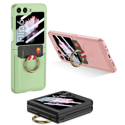 Luxury PU Leather Hard PC Phone Cover for Samsung Galaxy Z Flip 6 5 Case with Small Screen Protector Ring Holder