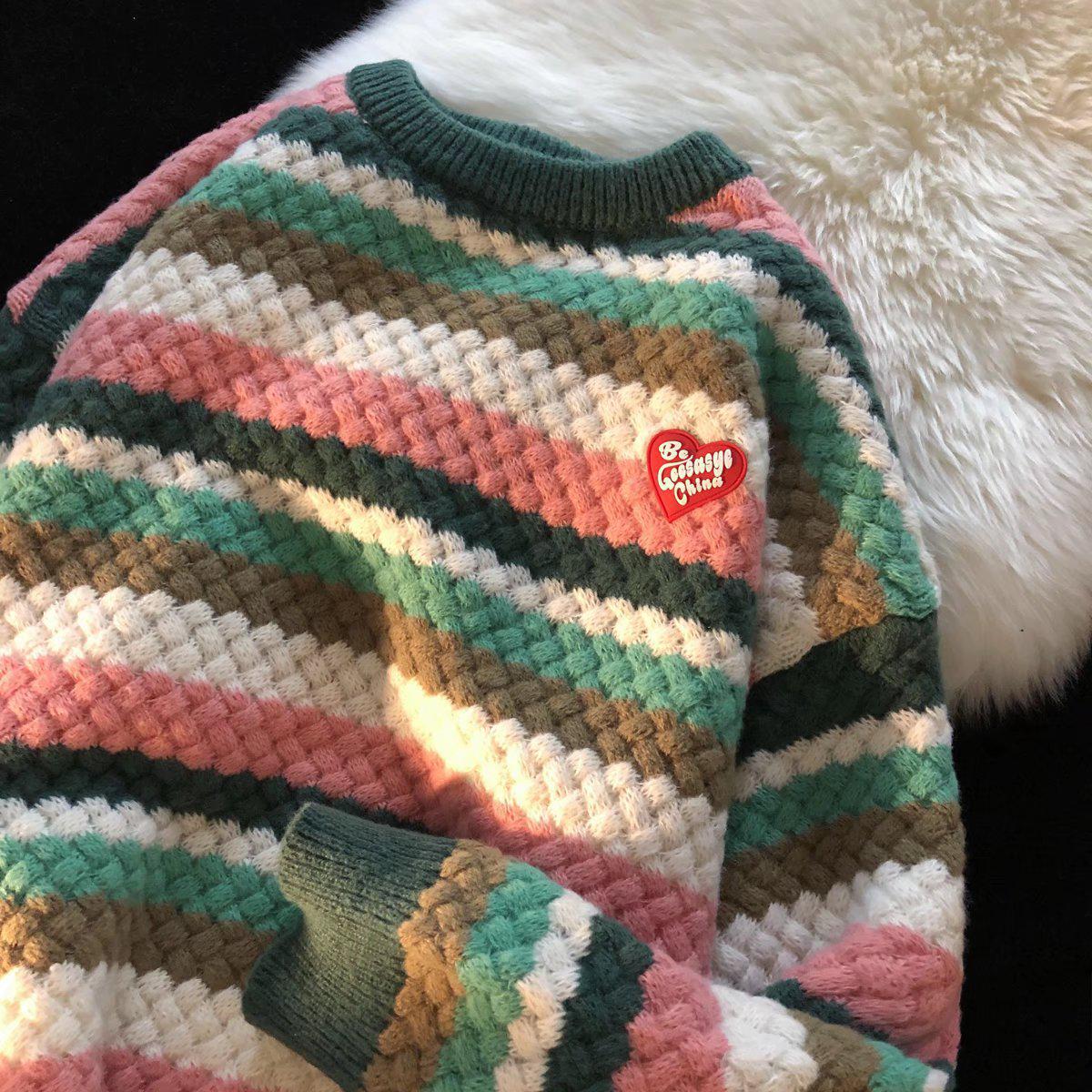 

Женский ретро-свитер в полоску в японском стиле — свободный, мягкий трикотажный пуловер для осени/зимы 2XL зелёный