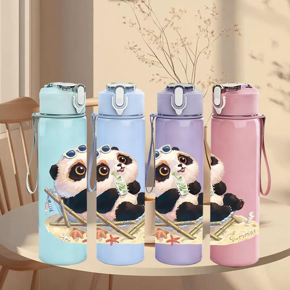 1PC Lying Relaxed Panda Pattern 750ml Color Plastic Sports Water Bottle Leakproof Flip Straw Lid Suitable for Sports Office Home Use
