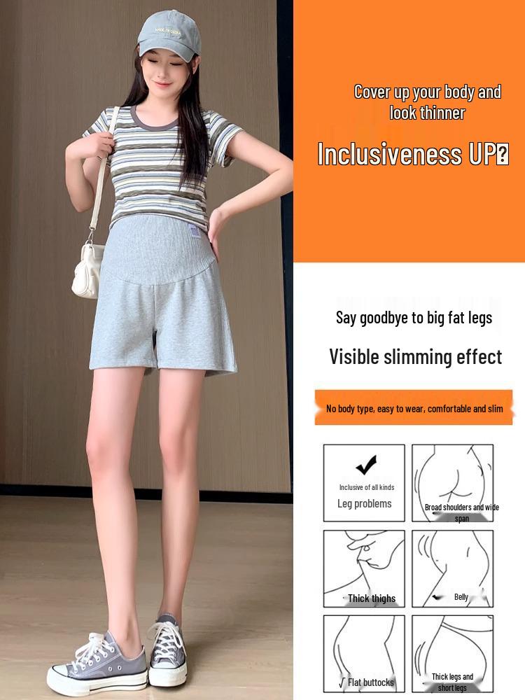 Maternity Casual Wide-Leg Cotton Shorts - Solid Color, Three-Quarter Length, Summer Wear