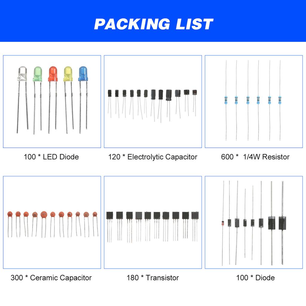 1400 Stück Elektronikbauteile Sortiment-Kit Sortiertes Elektrisches Element Starter-Kit mit 1 4W Widerstand LED-Diode