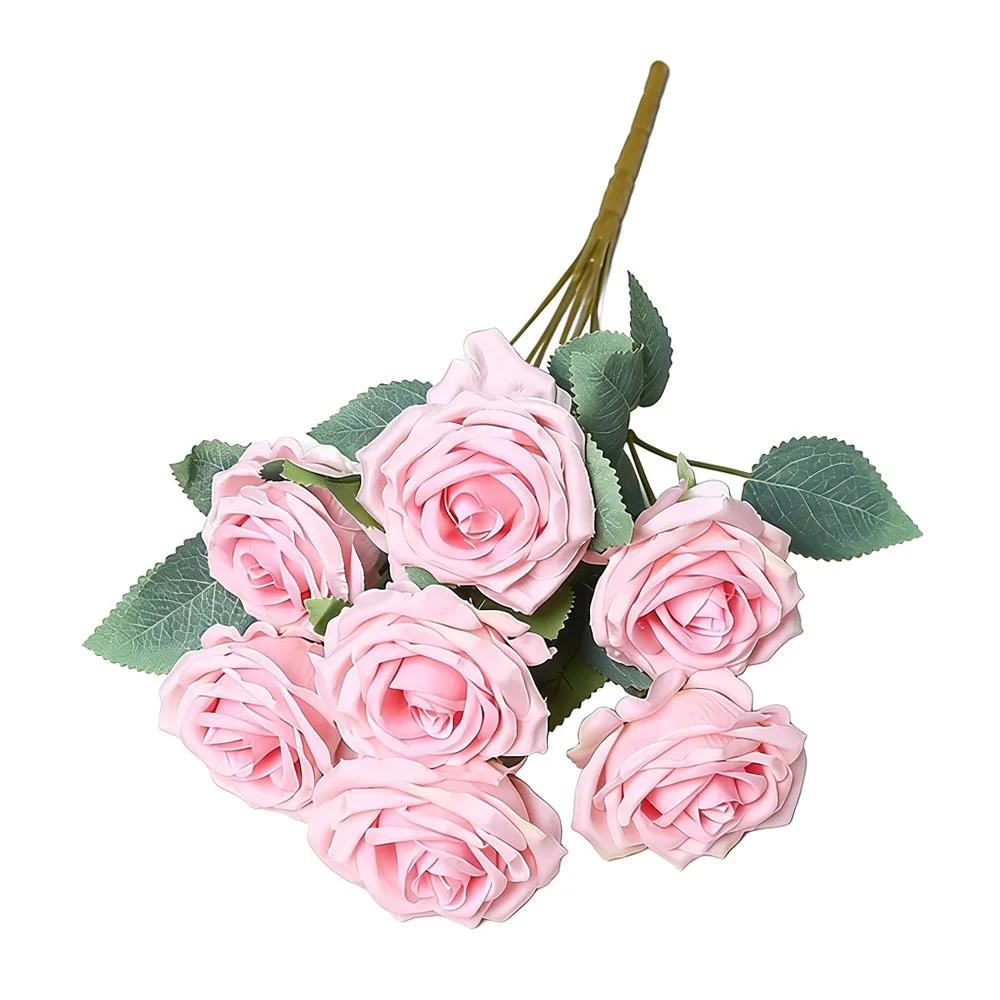 7 Heads Rose Artificial Flower Multicolor Rolled Edge Faux Flower Photo Props Green Leaves Flower Bouquet Wedding Ornament