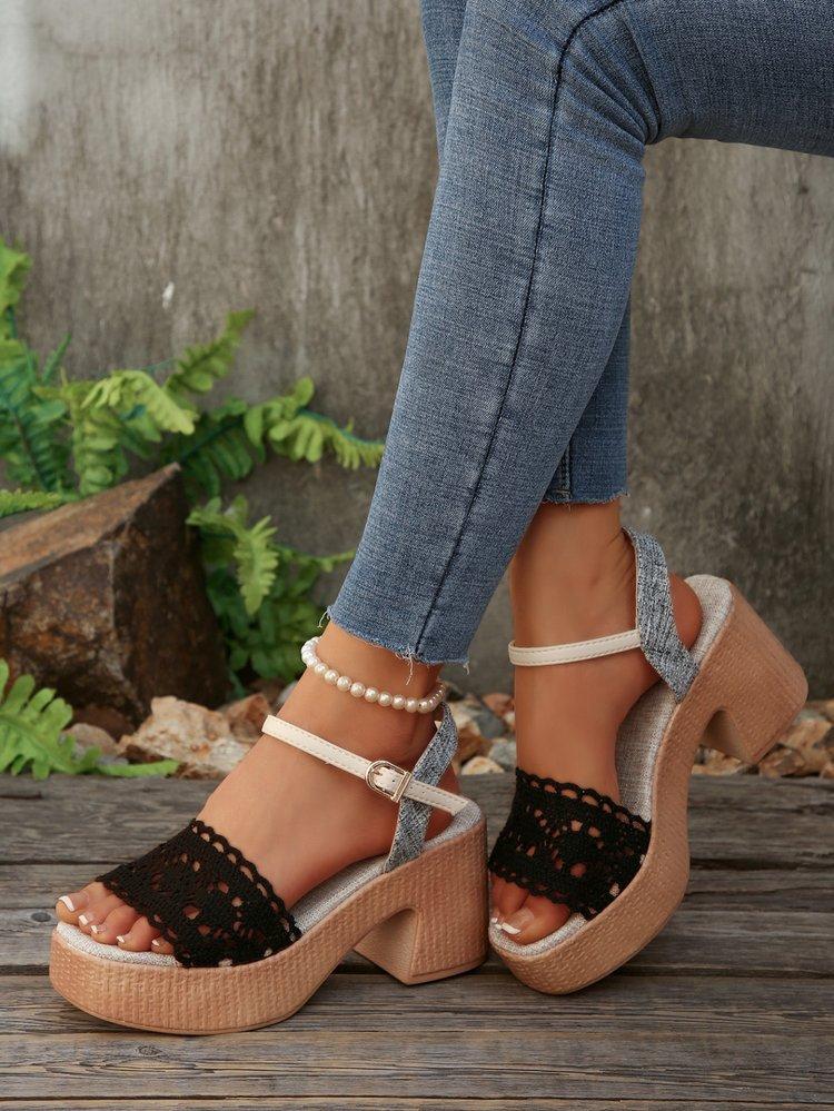 

Coarse heel sandals women wear summer lace high heel sandals women casual and comfortable 36 чёрный