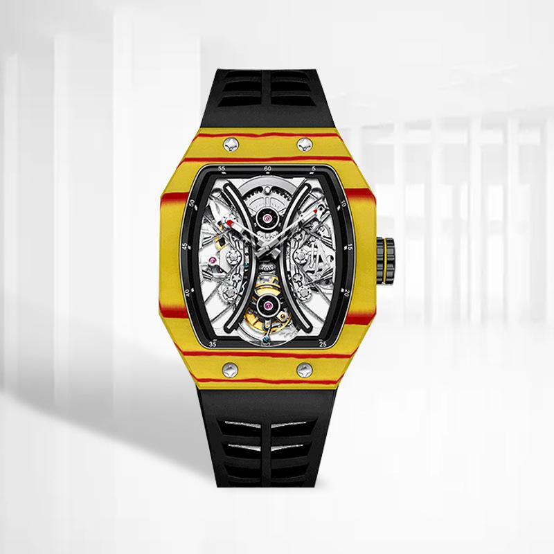 Ceas Mecanic de Modă Swiss True Tourbillon pentru Bărbați cu Curea de Cauciuc și Design Pătrat Gol