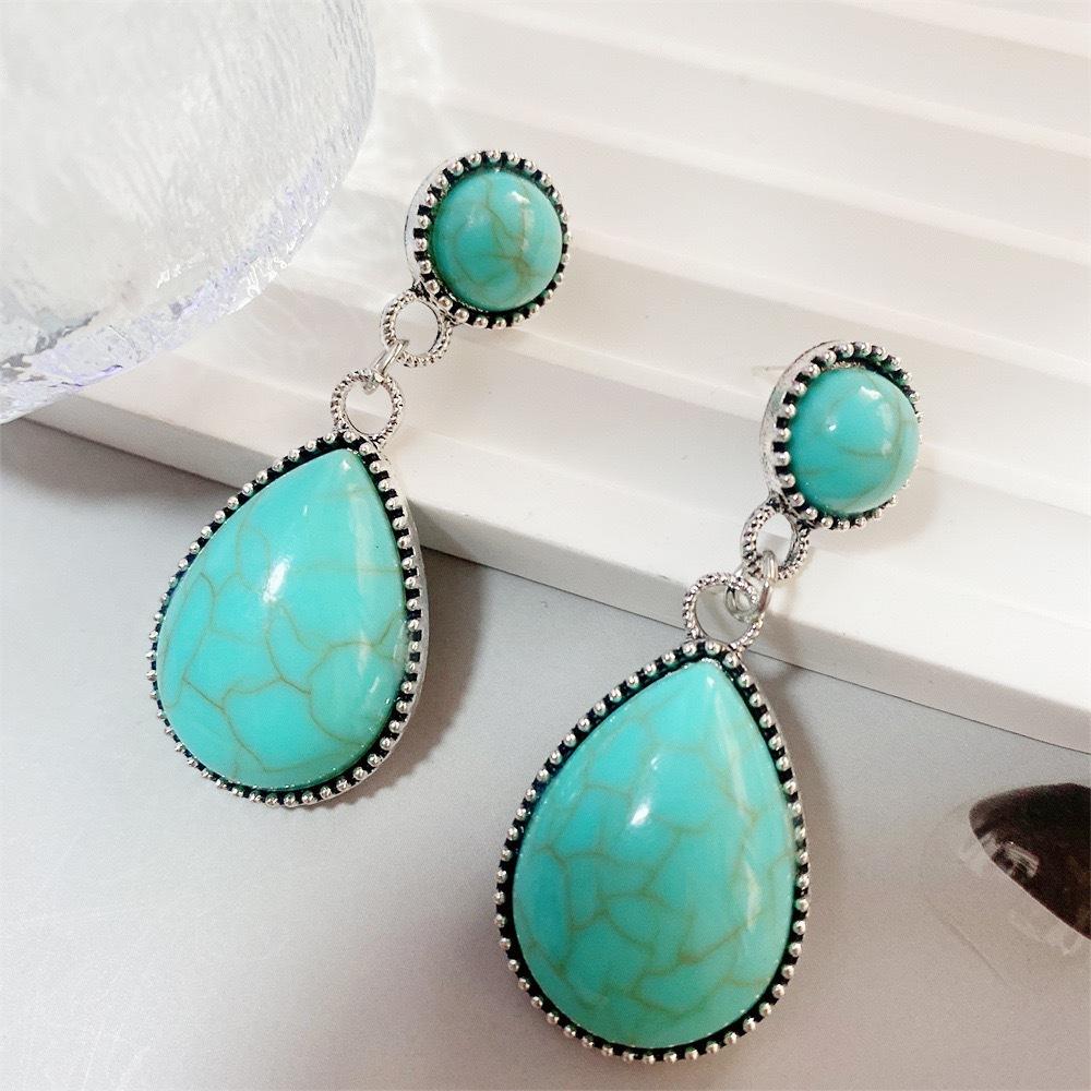 Ethnic Style Ancient Silver Turquoise Earrings, Creative Drop-shaped Turquoise Exaggerated Earrings