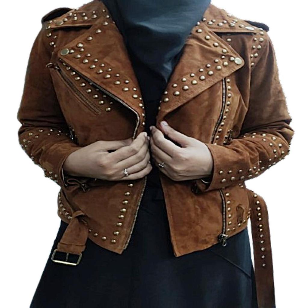 Women's American Style, Lambskin Brown Suede, Studded Jacket, With Zipper & Jacket,| Shoulder Strap, Gifts for her ,Cowgirl Jacket