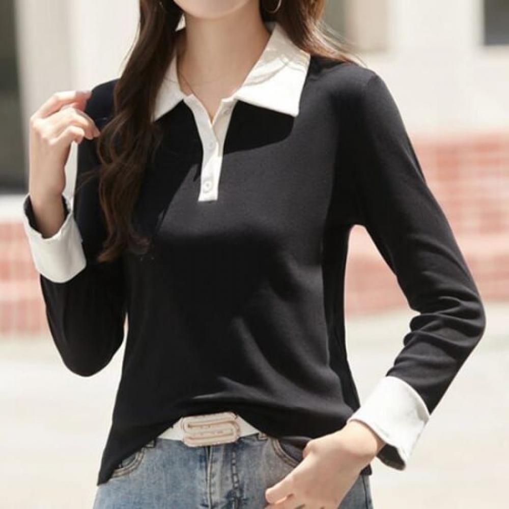Navava Casual Basic Color Collar Long Sleeve T shirT nT2985