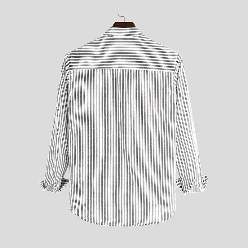 Men's Spring and Fall Retro Striped Long-sleeved Shirt Stand-up Collar Casual Shirt Loose Cotton Shirt