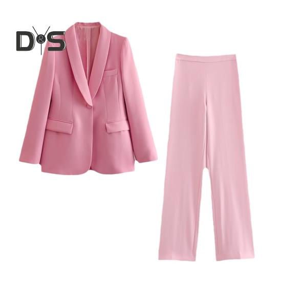

2 шт./компл. женский офисный наряд с лацканами, длинный рукав, одна пуговица, пиджак, высокая талия, длинные брюки, комплект деловой рабочей одежды S розовый