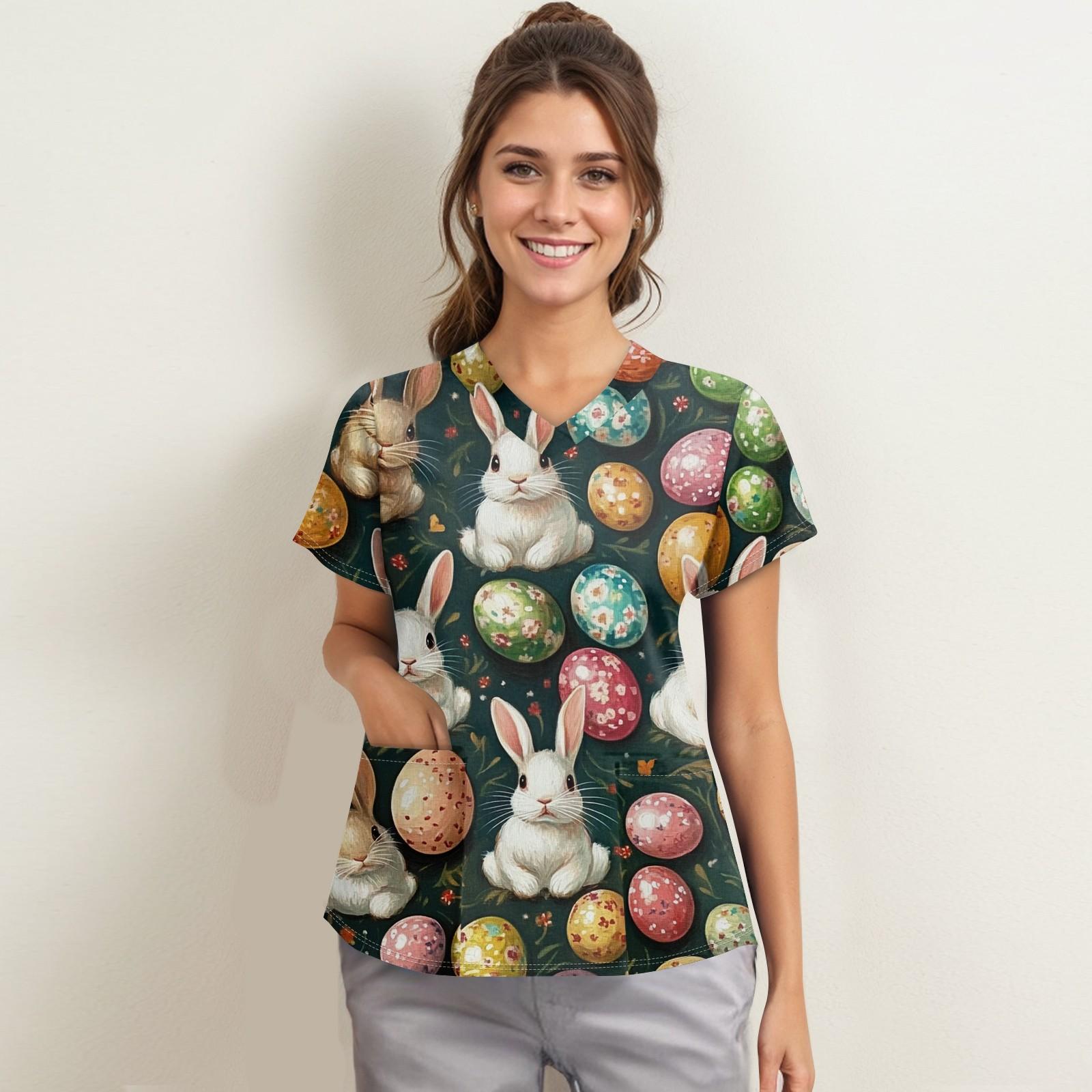 

Женская мода с v-образным вырезом, короткими рукавами и карманами, топы с принтом XXXXL